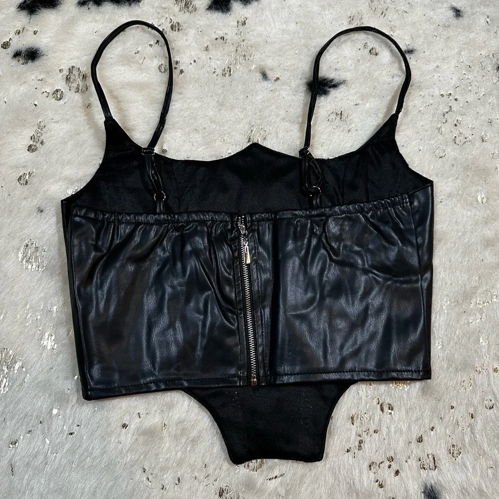 Women’s Black Leather Rhinestone Pearl Corset Bustier Top - Picture 10 of 10